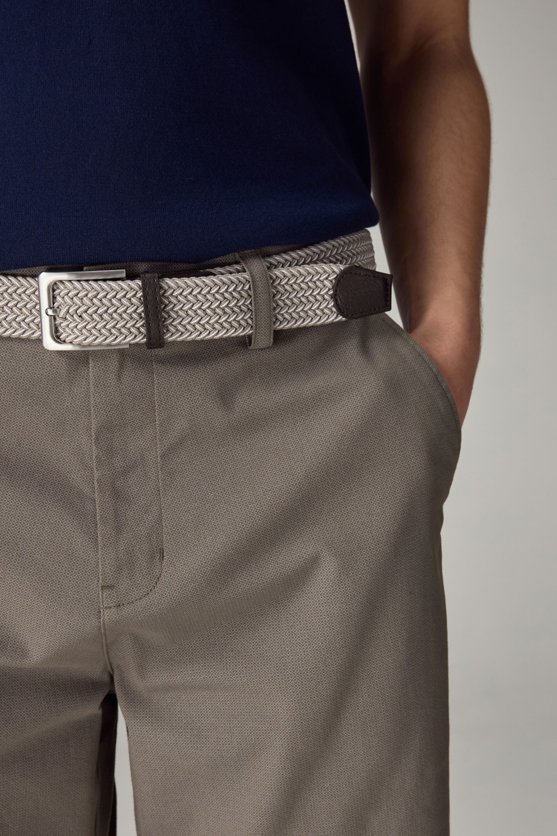 Dark Stone Textured Cotton Blend Chino Shorts with Belt Included - Image 3 of 4