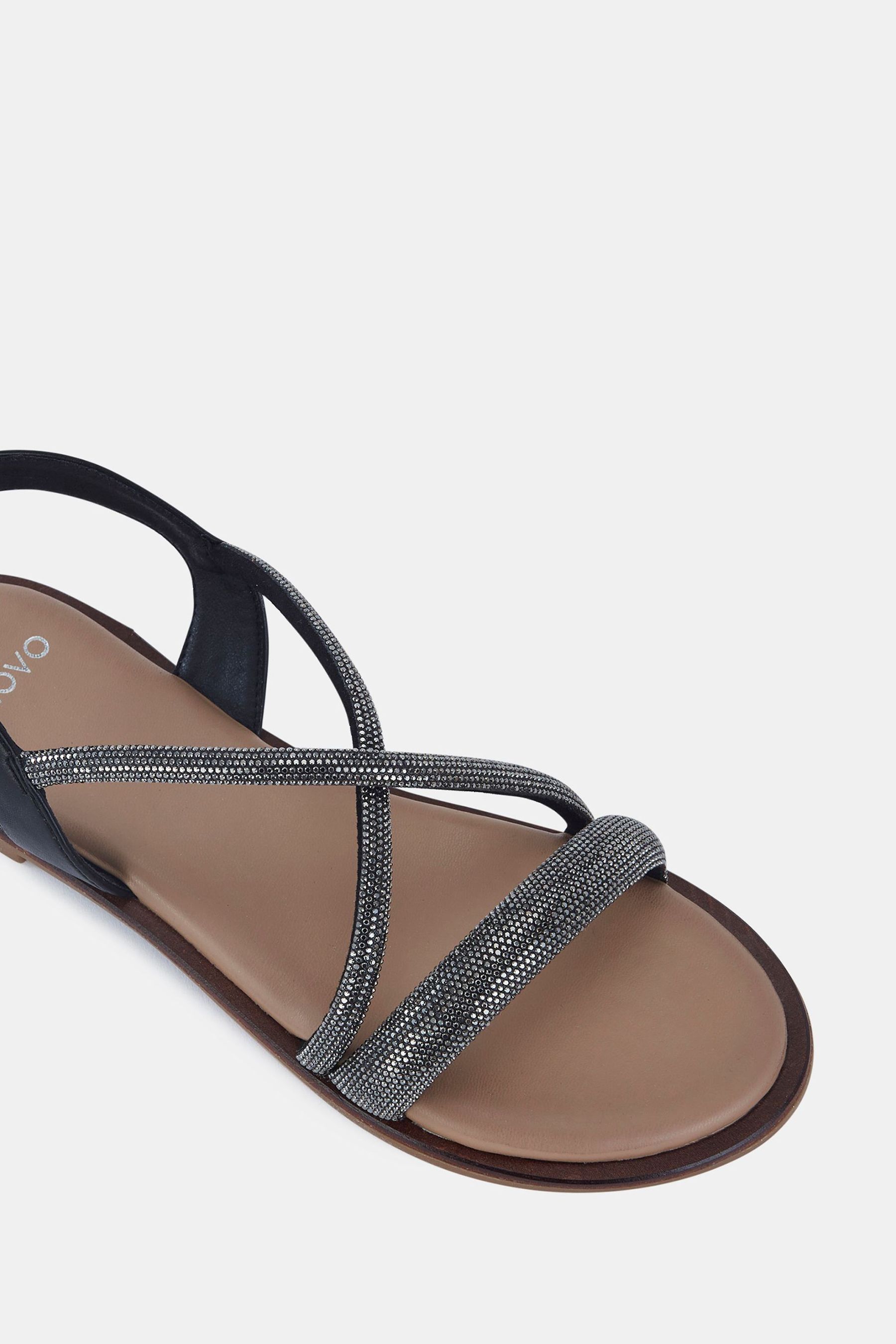 Novo Black Twinkle Diamante Trim Flat Sandals