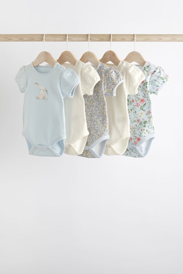 Blue 5 Pack Puff Sleeve Character Baby Bodysuits
