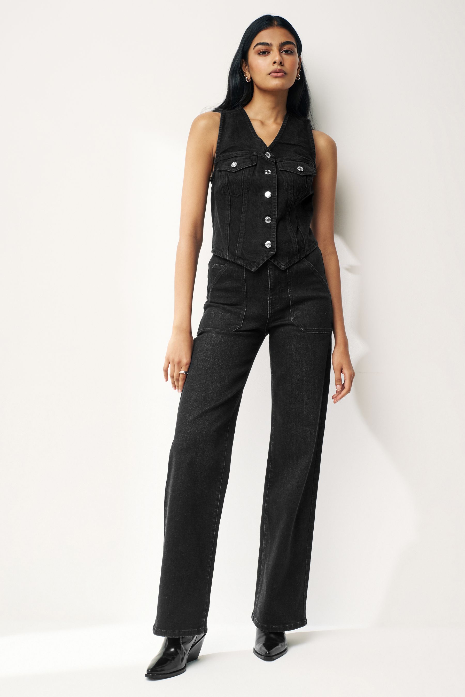 Black denim waistcoat sales