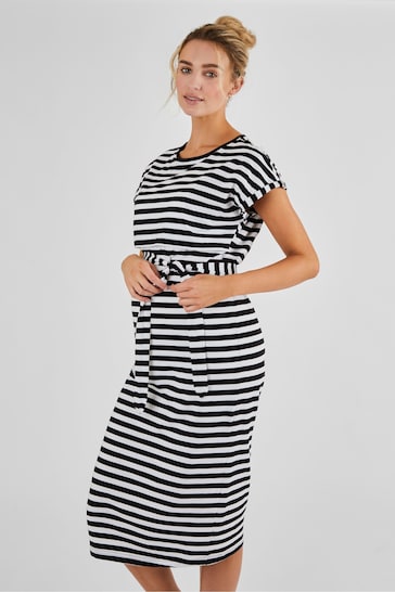 JoJo Maman Bébé Black Cream Stripe Maternity & Nursing Midi T-Shirt Dress