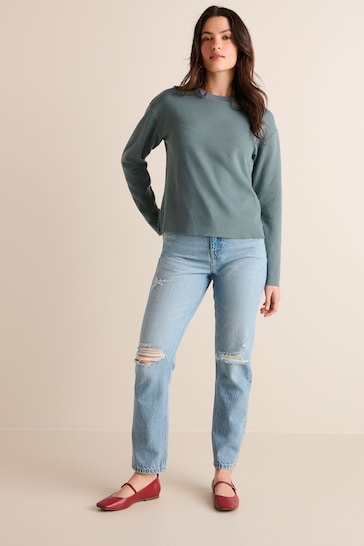 Teal Blue Relaxed Fit Textured Rib Long Sleeve Cosy Knit Jumper Top