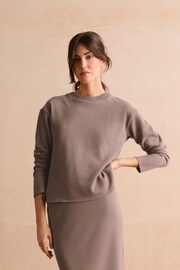 Neutral Taupe Relaxed Fit Textured Rib Long Sleeve Cosy Knit Jumper Top - Image 2 of 6