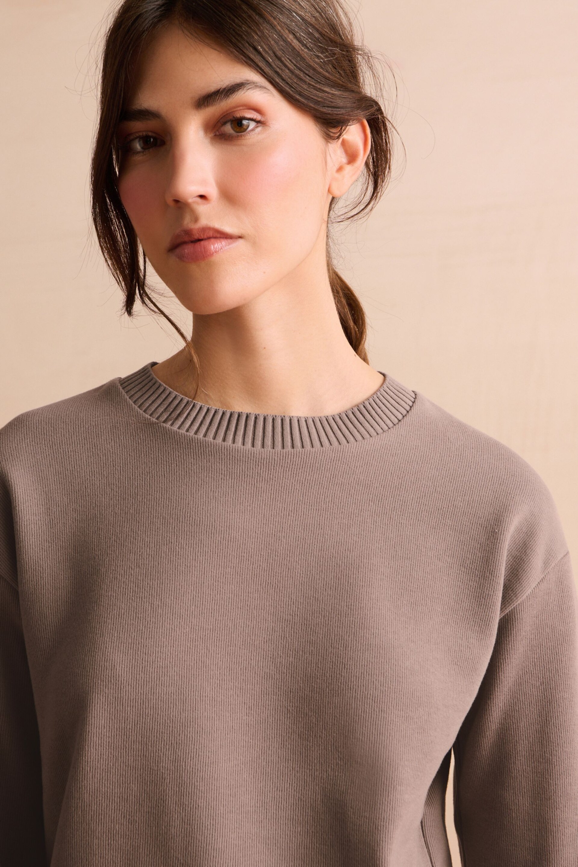 Neutral Taupe Relaxed Fit Textured Rib Long Sleeve Cosy Knit Jumper Top - Image 4 of 6