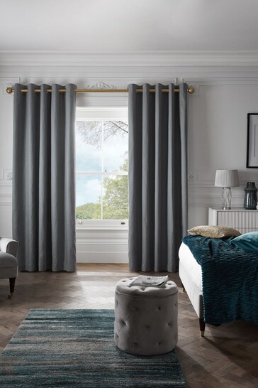 Steel Grey with Brass Eyelets Cotton Blackout/Thermal Eyelet Curtains