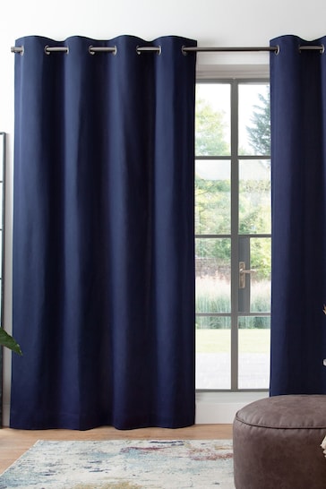 Navy Blue with Pewter Eyelets Cotton Blackout/Thermal Eyelet Curtains