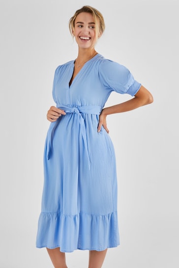 JoJo Maman Bébé Blue Linen Blend Maternity Midi Dress