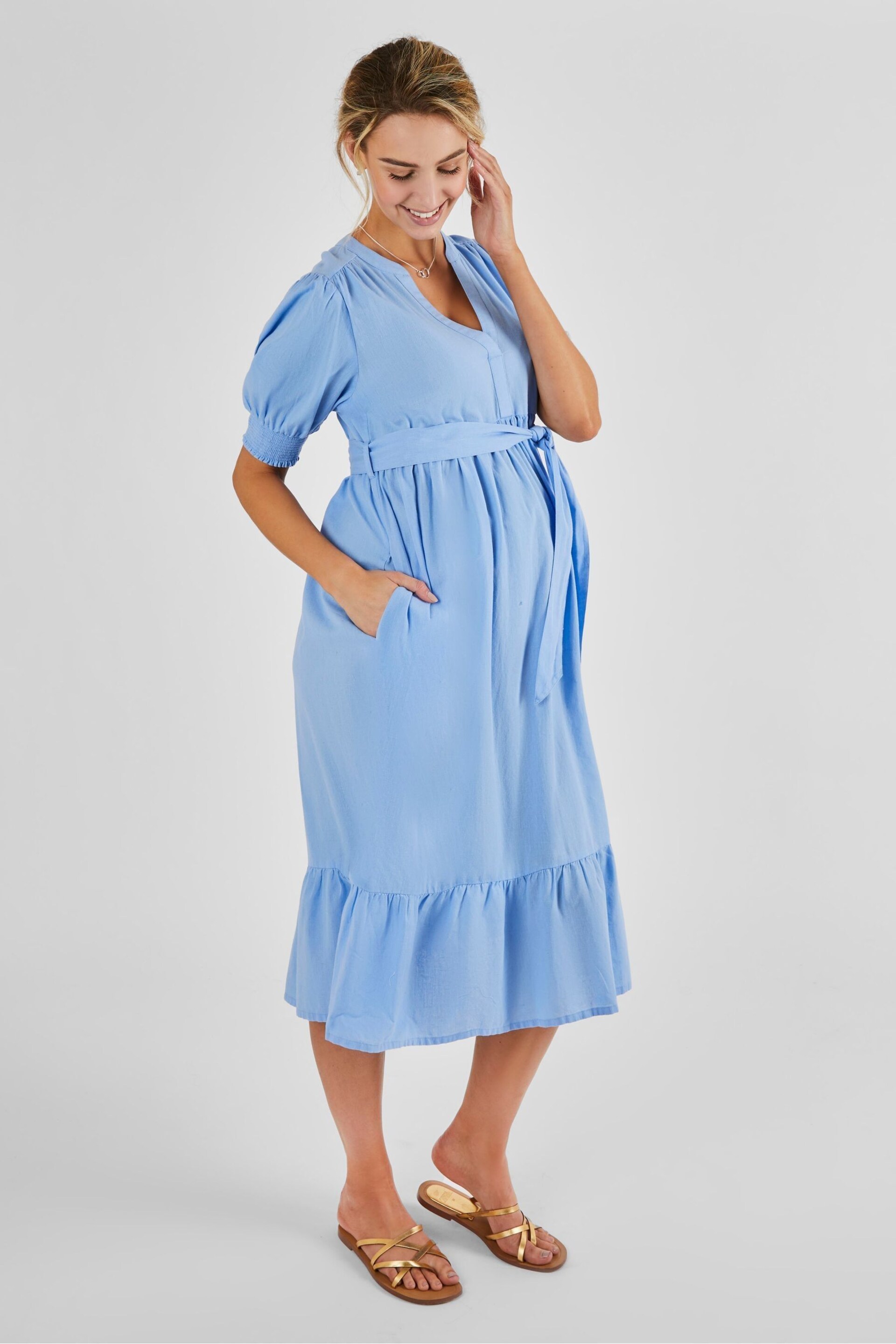 JoJo Maman Bébé Blue Linen Blend Maternity Midi Dress - Image 2 of 4
