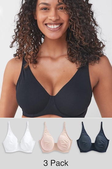 Navy Blue/Pink/White Non Pad Full Cup DD+ Cotton Blend Bras 3 Pack