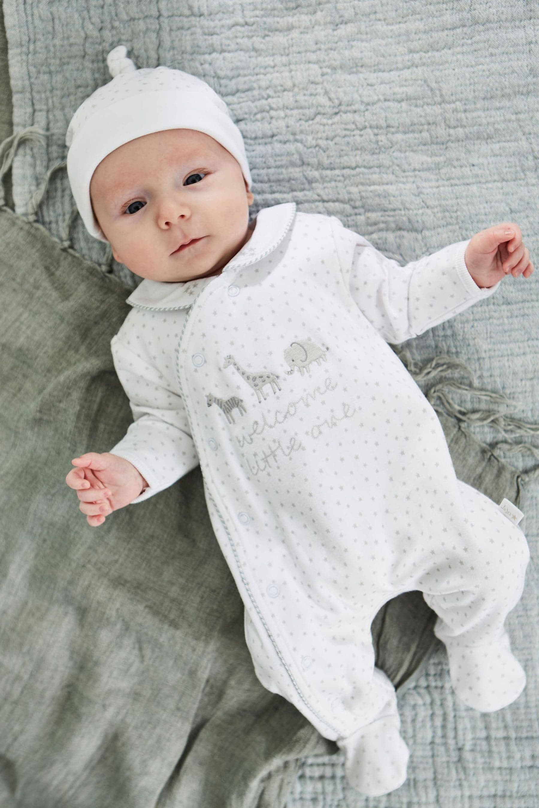Buy JoJo Maman Bebe White Welcome Little One Cotton Baby Sleepsuit from the Next UK online shop