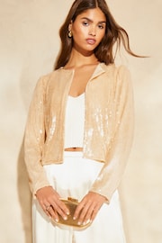 Lipsy Champagne Gold Sequin Cropped Jacket - Image 1 of 4