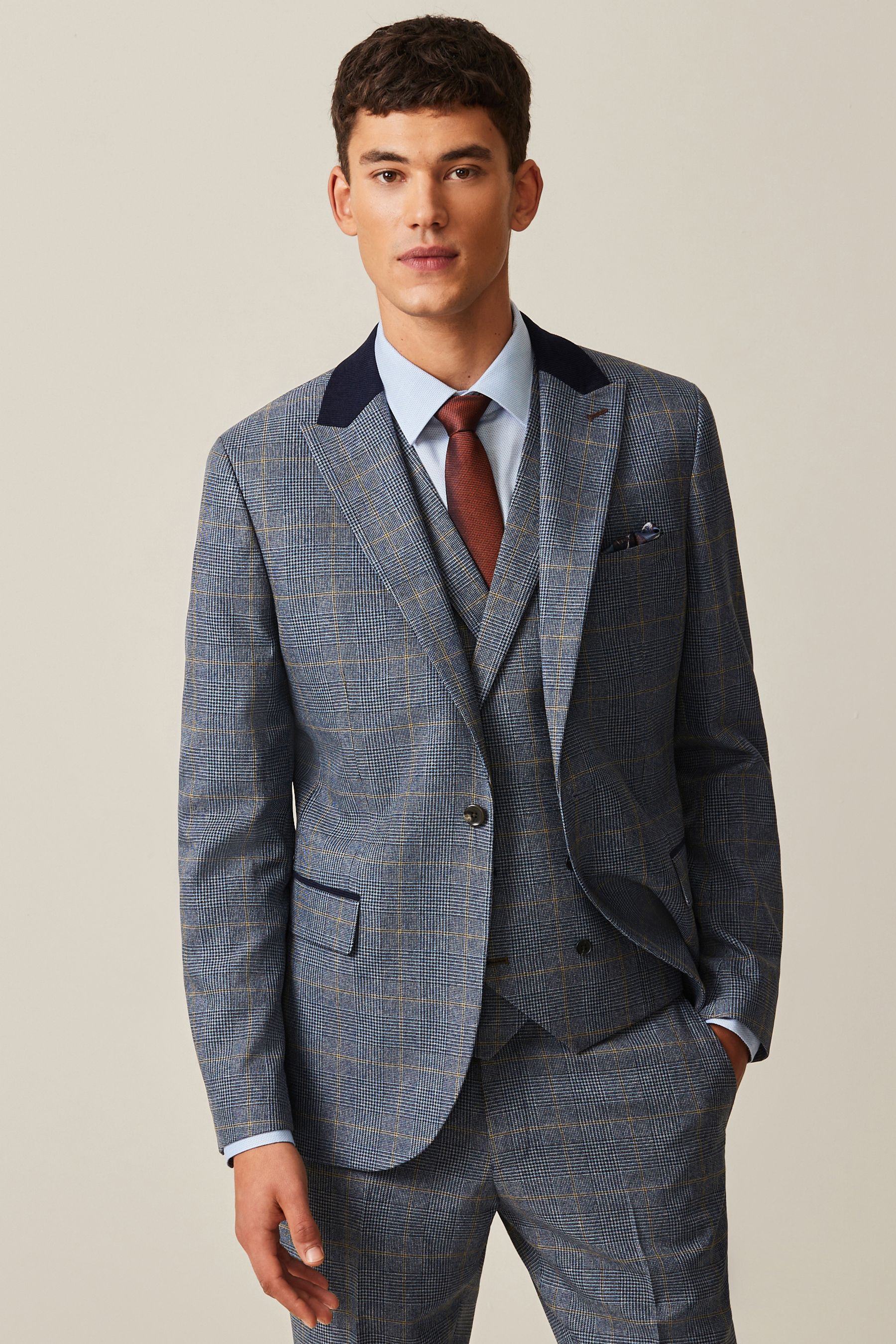 Buy Blue Slim Fit Trimmed Check Suit Jacket from the Next UK online shop