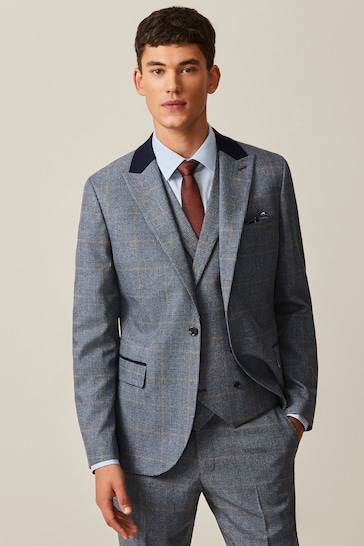 Blue Slim Tailored Fit Trimmed Check Suit Jacket