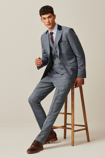 Blue Slim Tailored Fit Trimmed Check Suit Jacket
