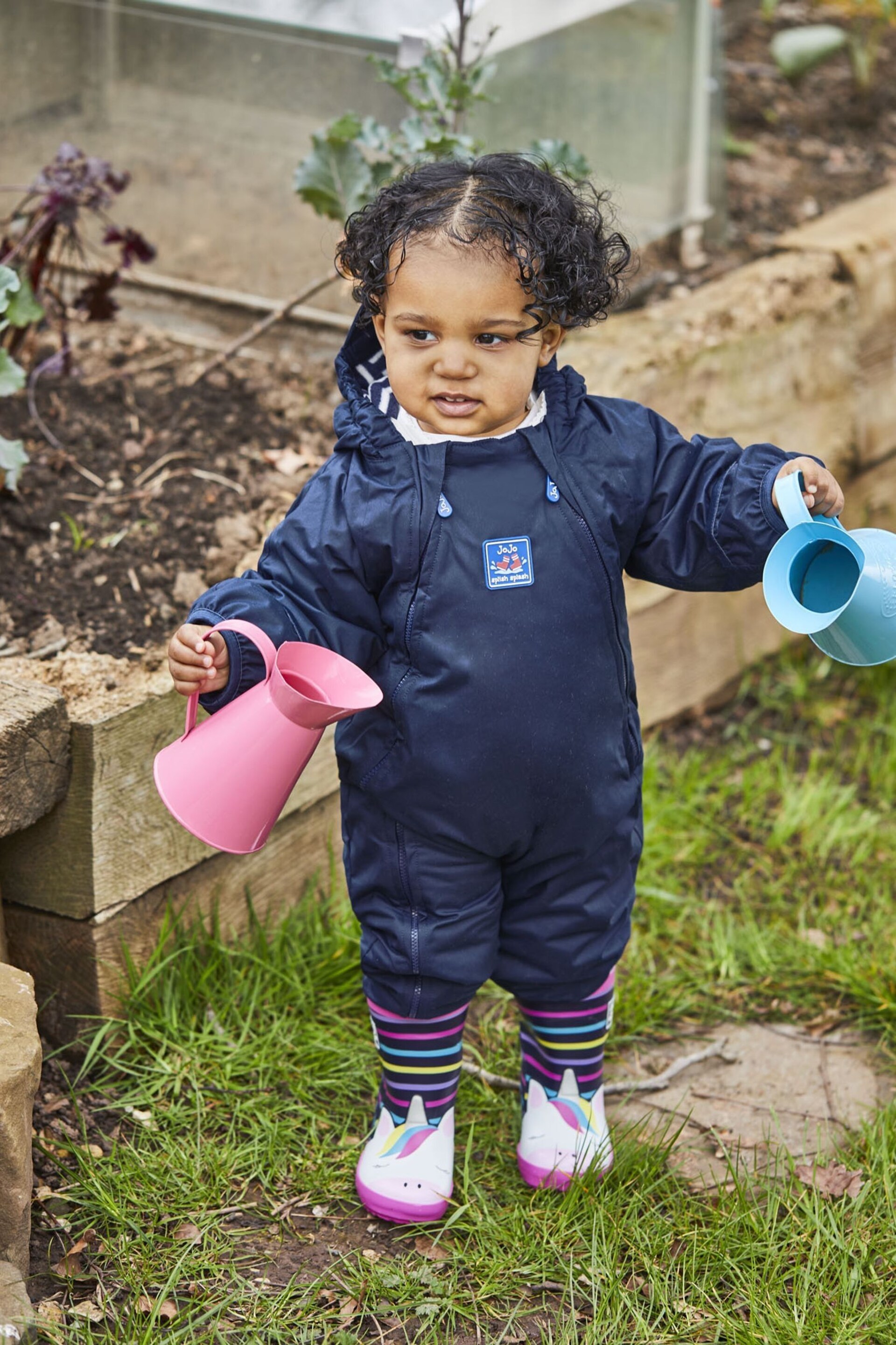 JoJo Maman Bébé Navy Waterproof Fleece Lined Puddlesuit - Image 3 of 9