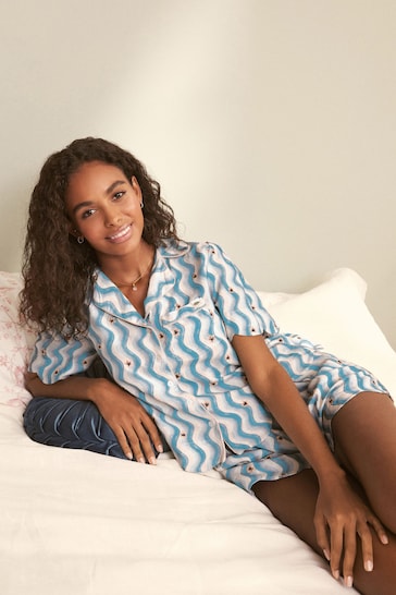 Laura Ashley Blue Wave Print Scallop Edge Cotton Button Through Pyjamas Shorts Set