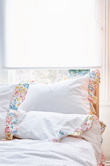 Oliver Bonas White Floral Print Ruffle White Double Bed Linen