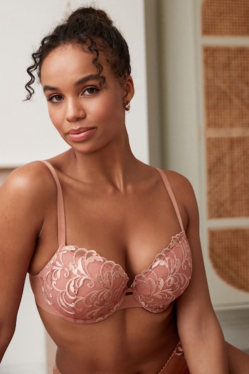 Rose Pink/White Pad Balcony Embroidered Bras 2 Pack