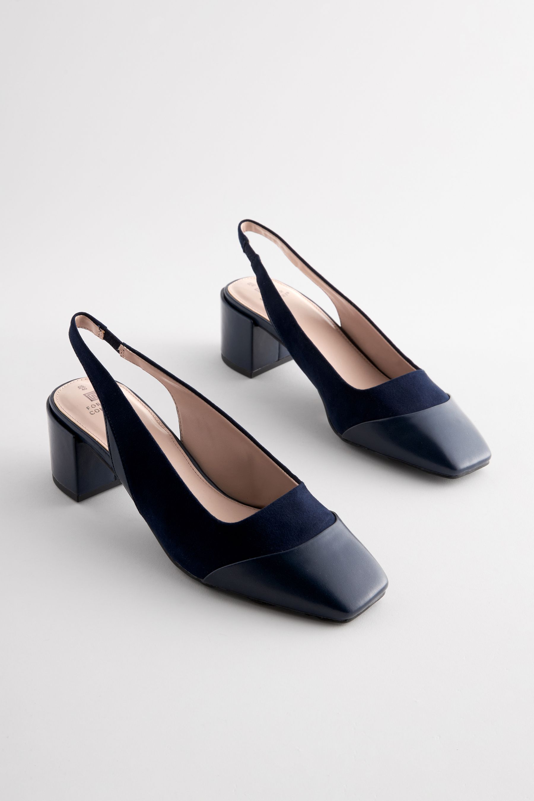 Navy Forever Comfort Square Toe Sling Back Block Heels