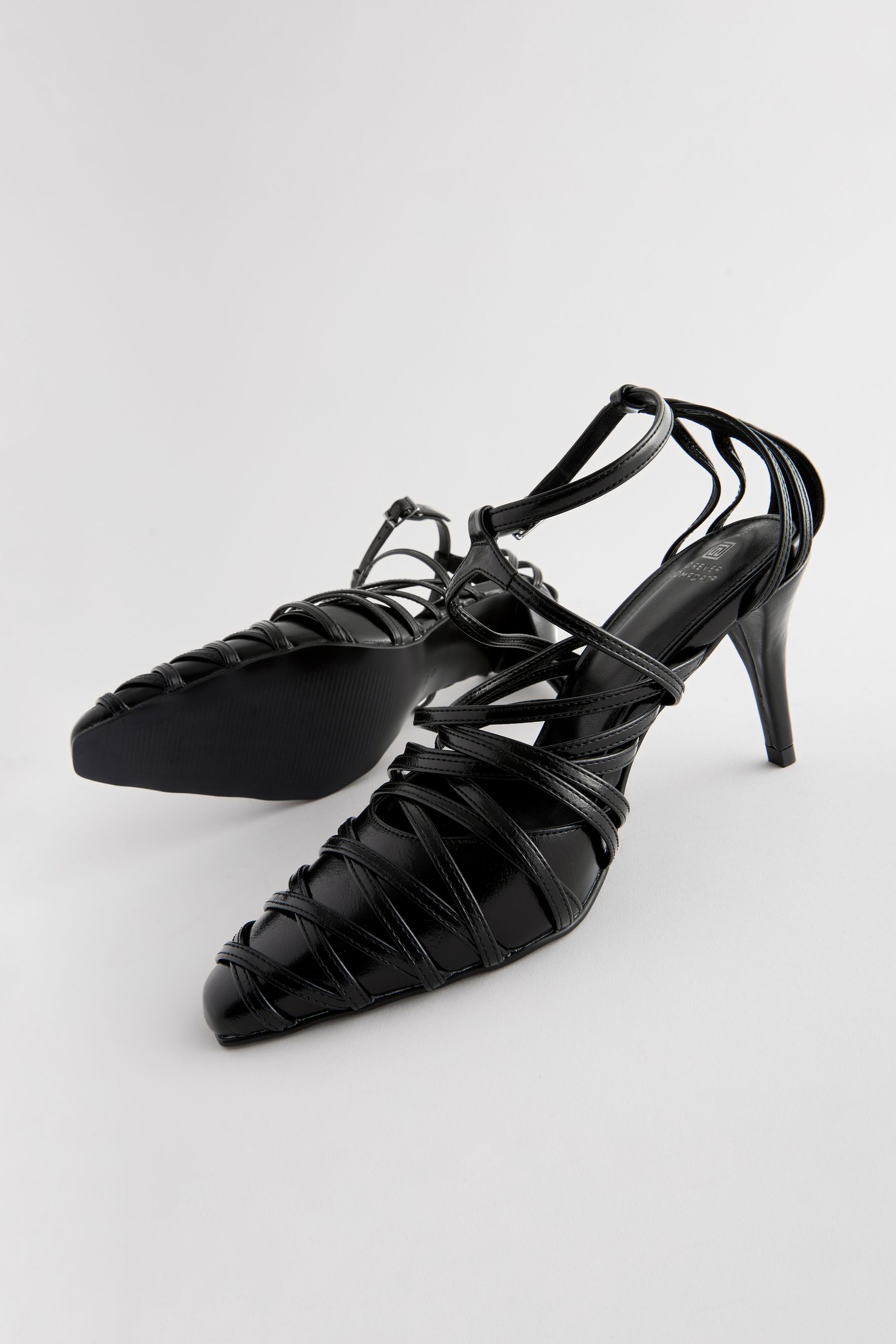 Black Forever Comfort Cage Closed Point Toe Strappy Heels