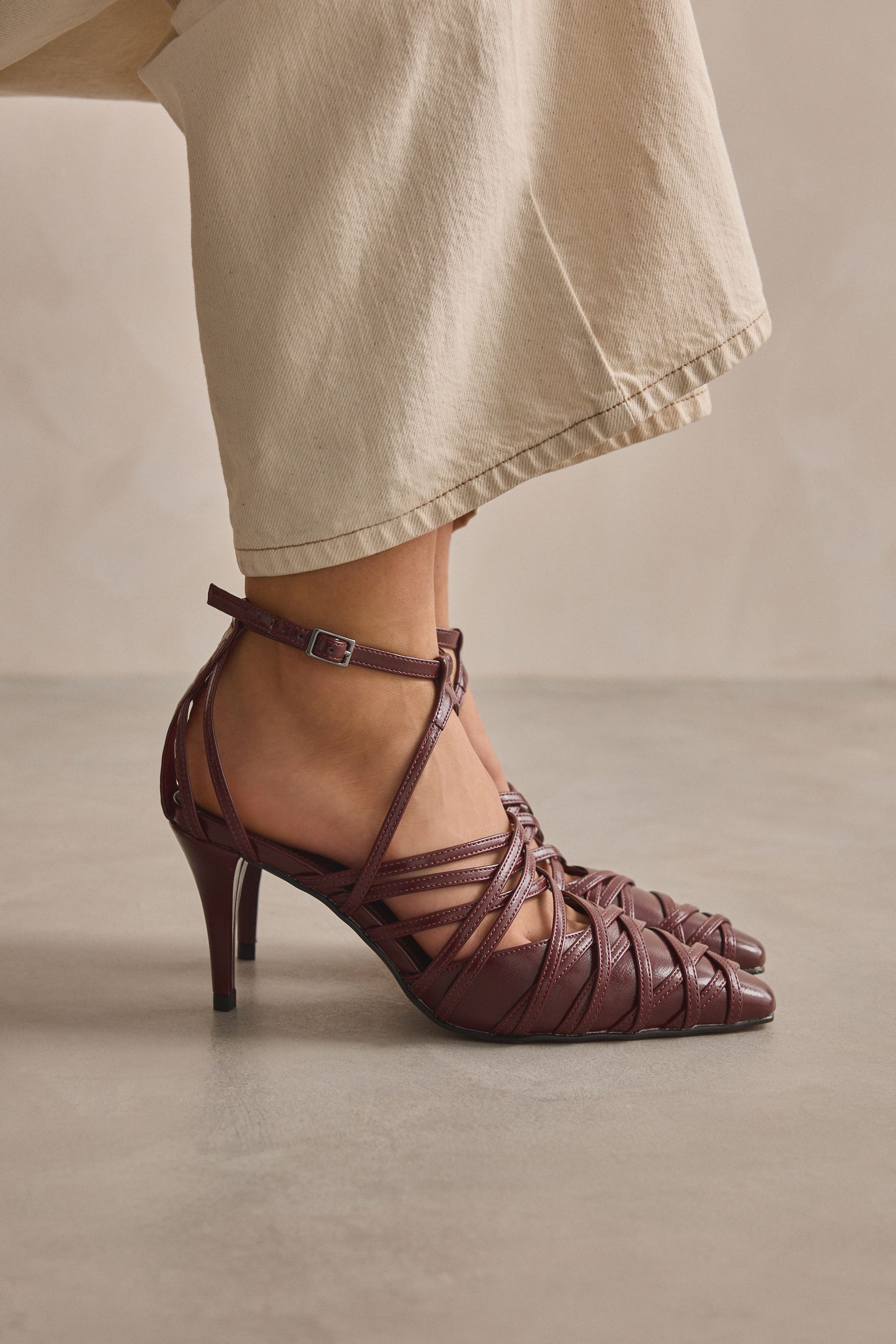 Burgundy strappy high heels clearance