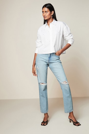White Sparkle Long Sleeve Cotton Cropped Shirt