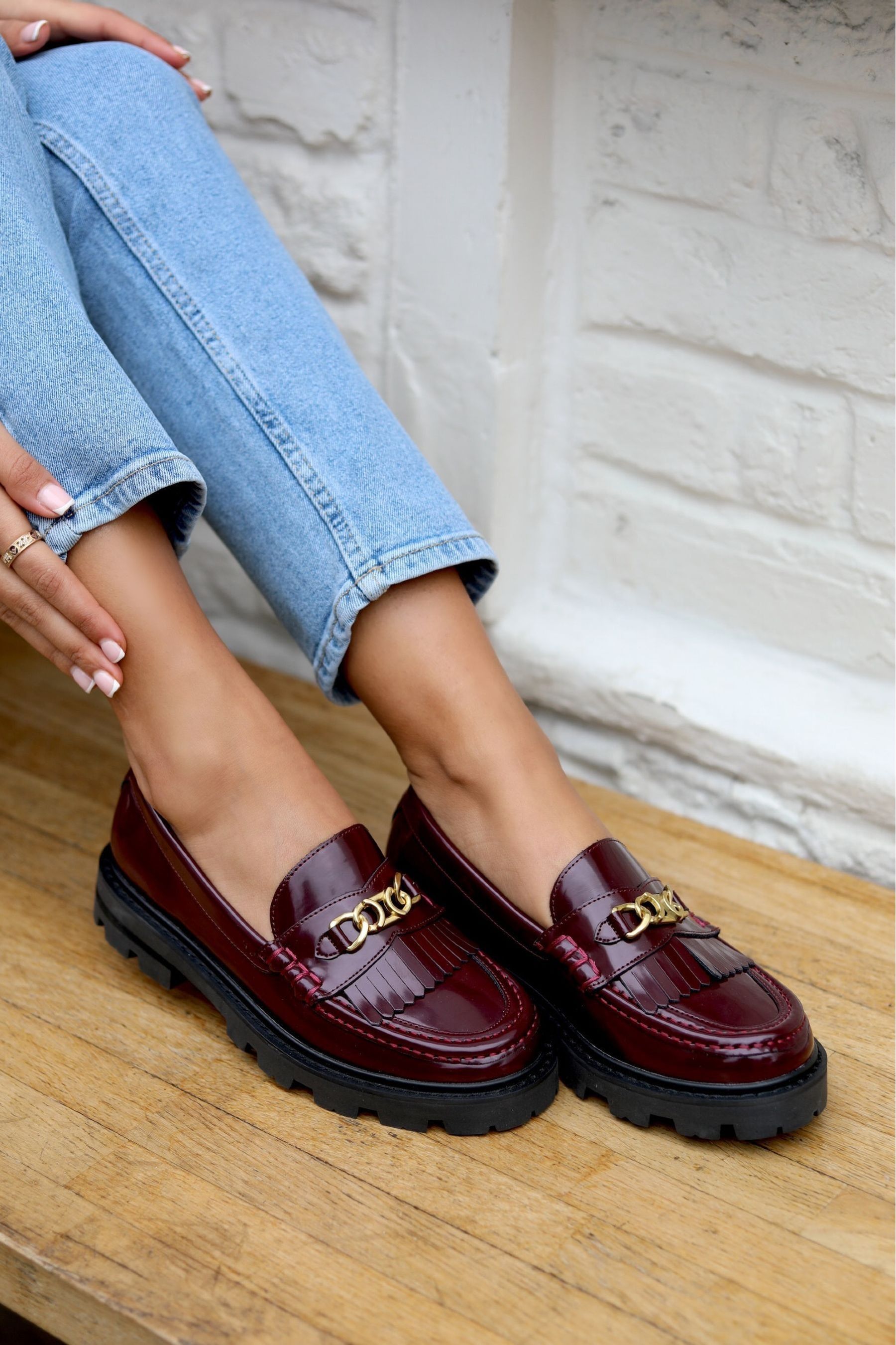 Red and gold loafers sales