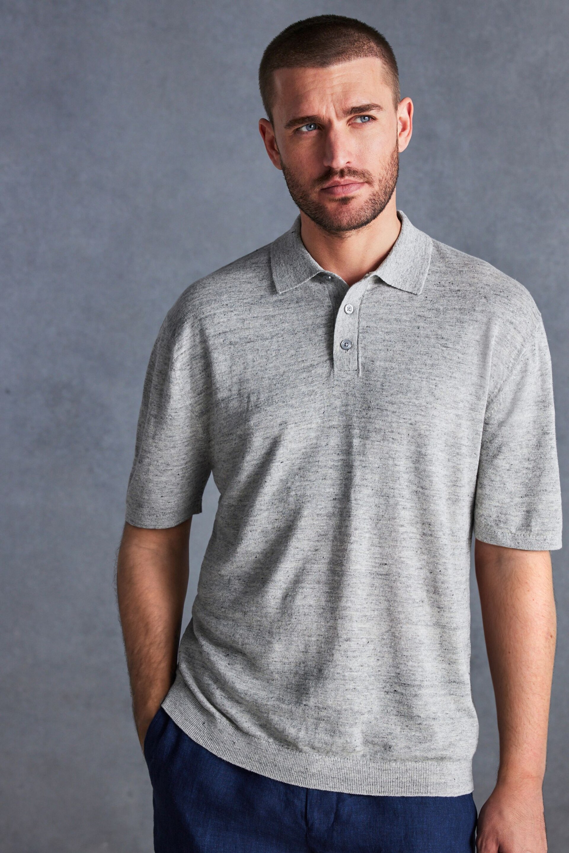 Grey Linen Blend Knitted Polo Shirt - Image 1 of 7