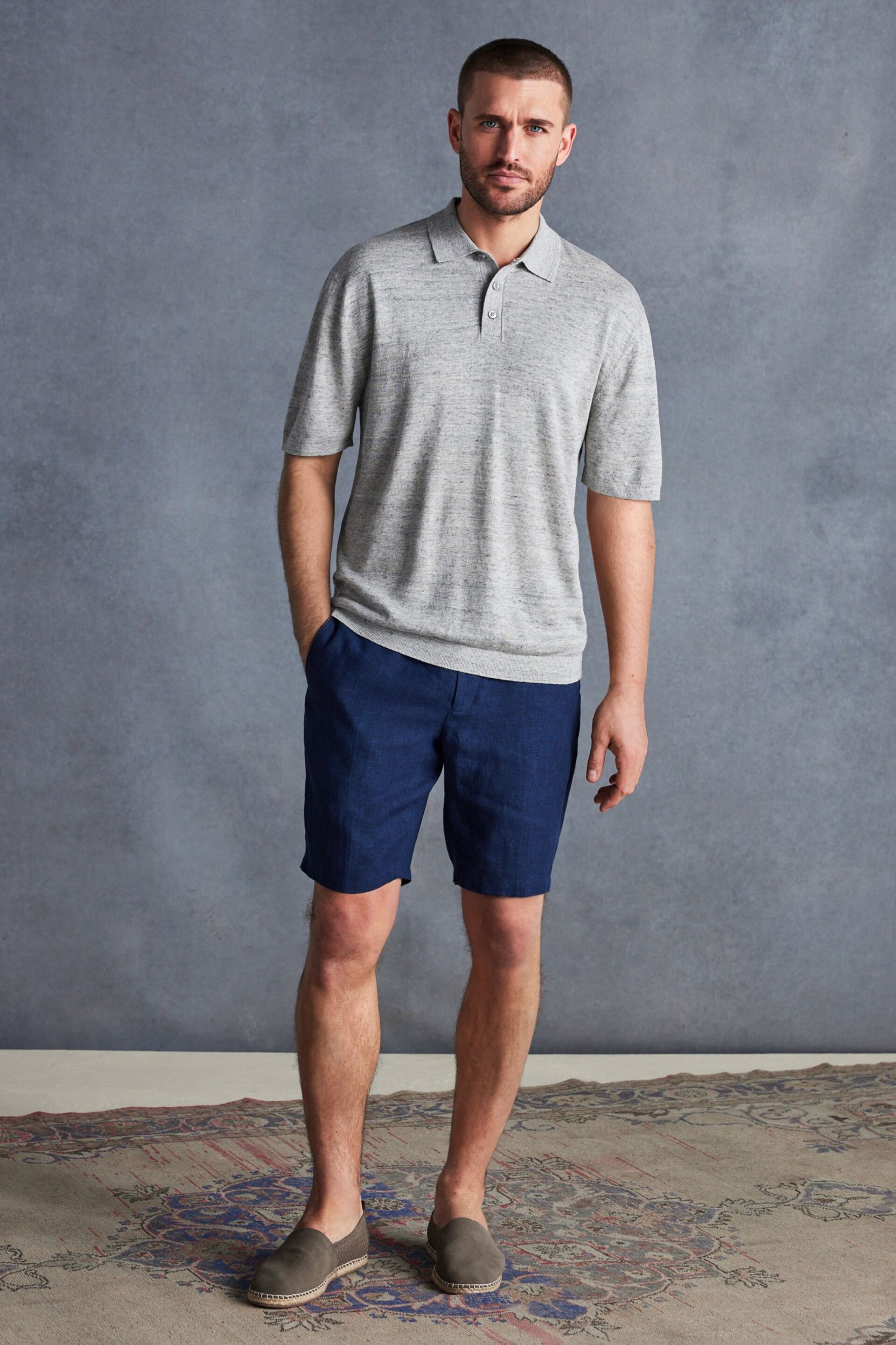 Grey Linen Blend Knitted Polo Shirt - Image 2 of 7