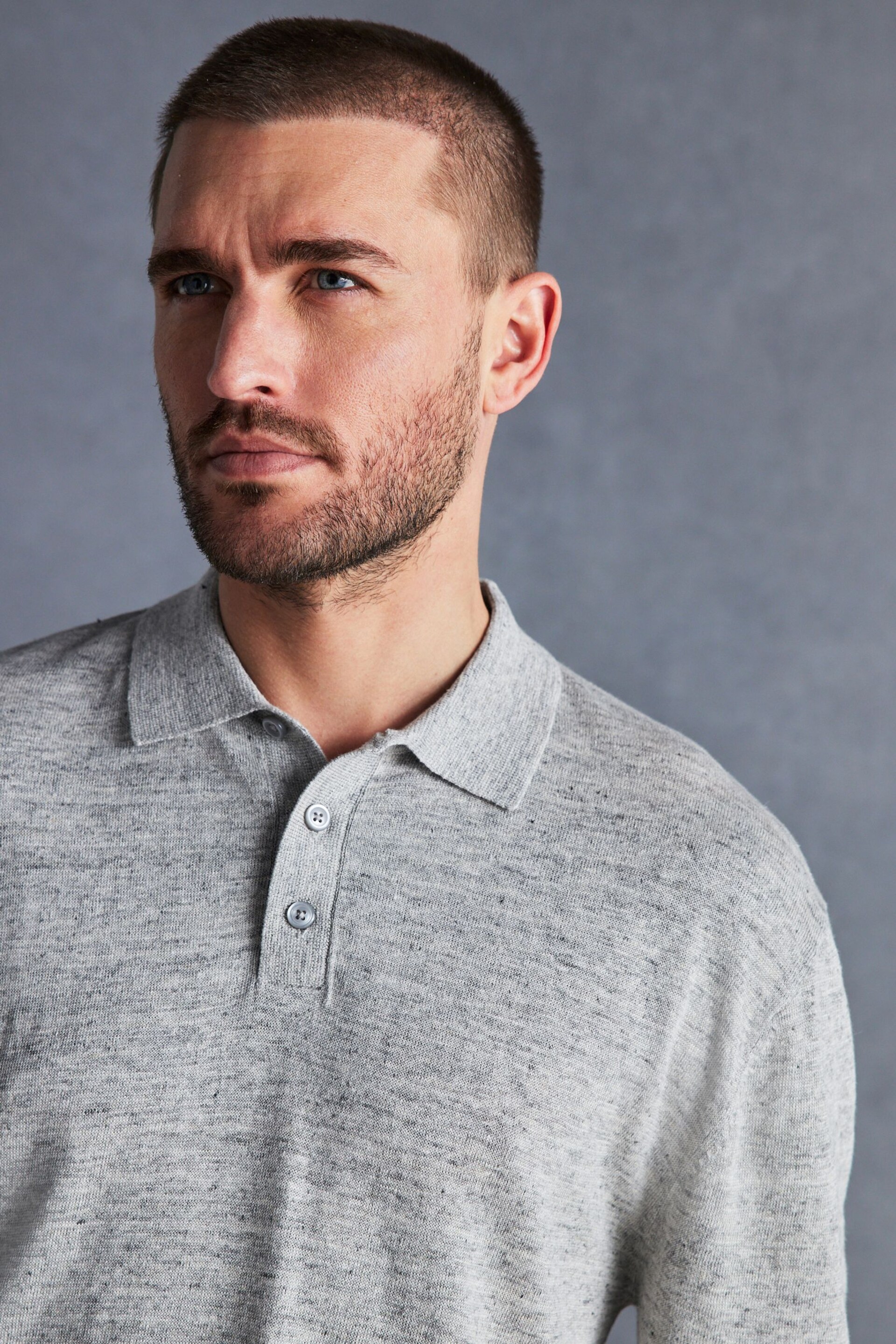 Grey Linen Blend Knitted Polo Shirt - Image 4 of 7