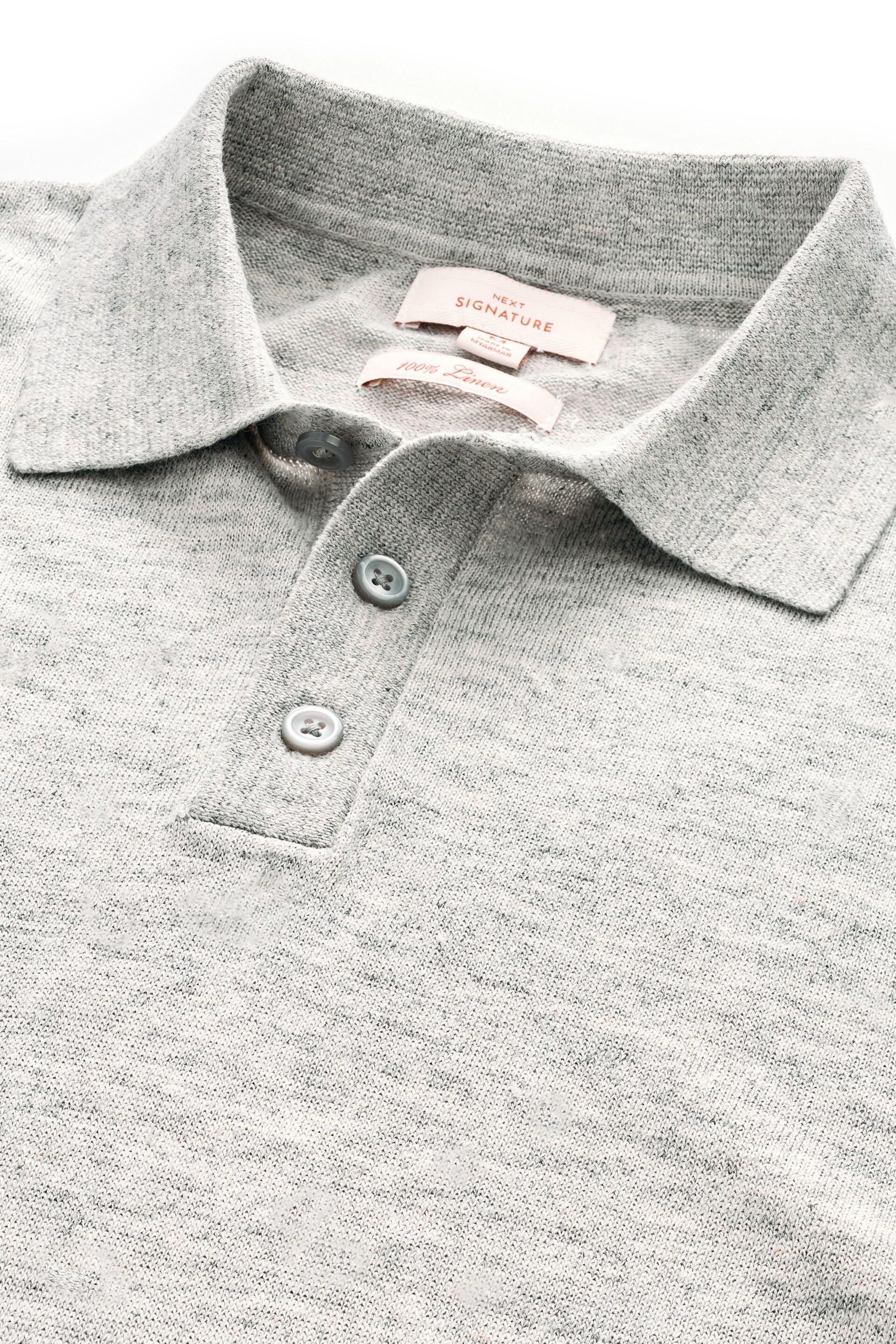 Grey Linen Blend Knitted Polo Shirt - Image 6 of 7