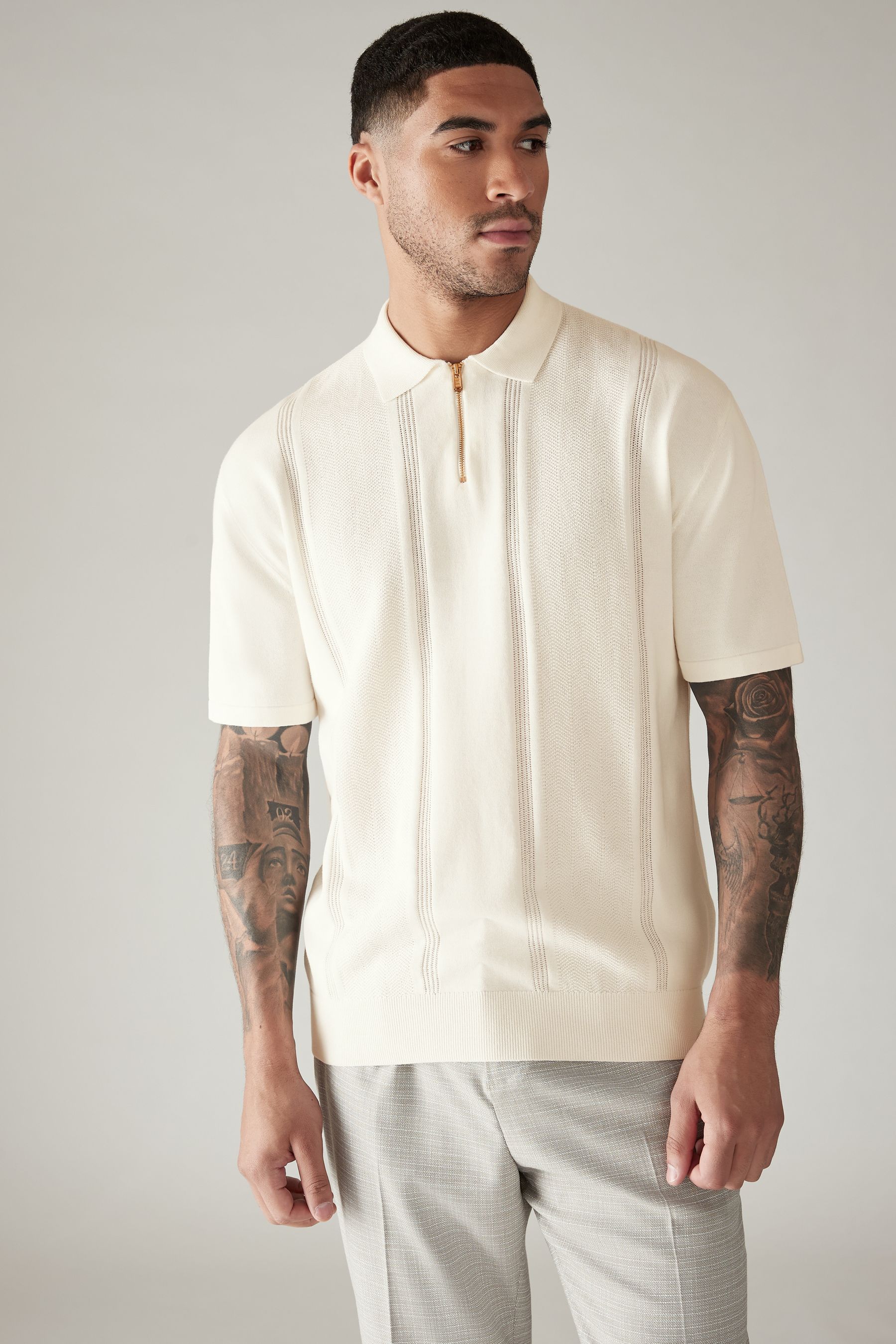 Buy Ecru White Regular 100 Cotton Textured Stripe Knit Polo Shirt from Next South Africa