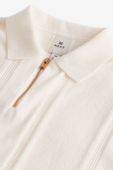 White Regular Textured Stripe Knit Polo Shirt