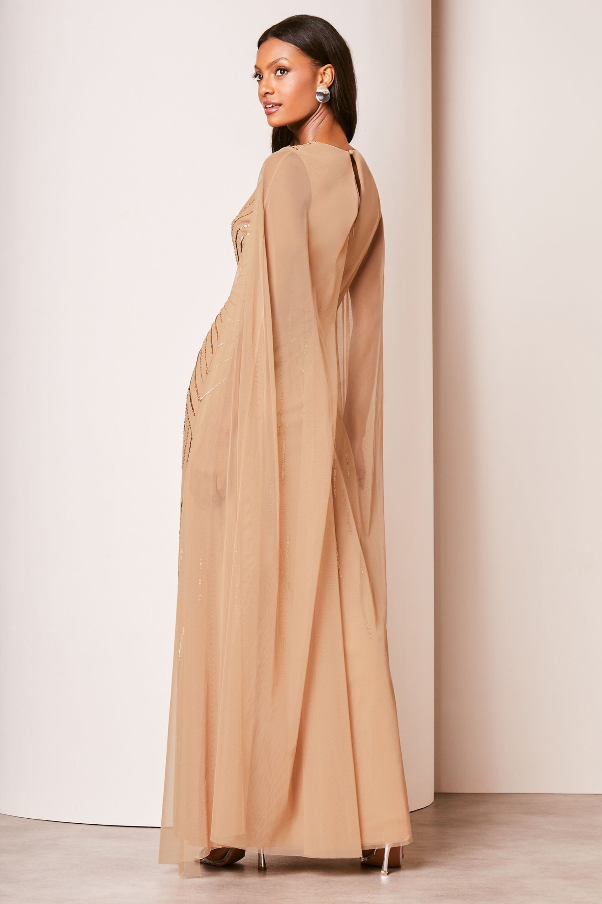 Lipsy Gold Hand Embellished V Neck Cape Maxi Dress - Image 2 of 4