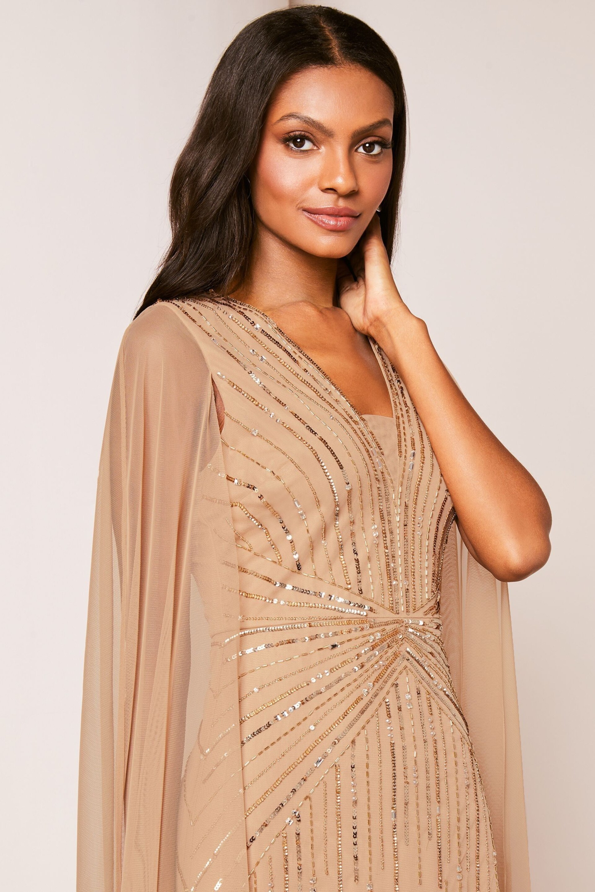 Lipsy Gold Hand Embellished V Neck Cape Maxi Dress - Image 4 of 4