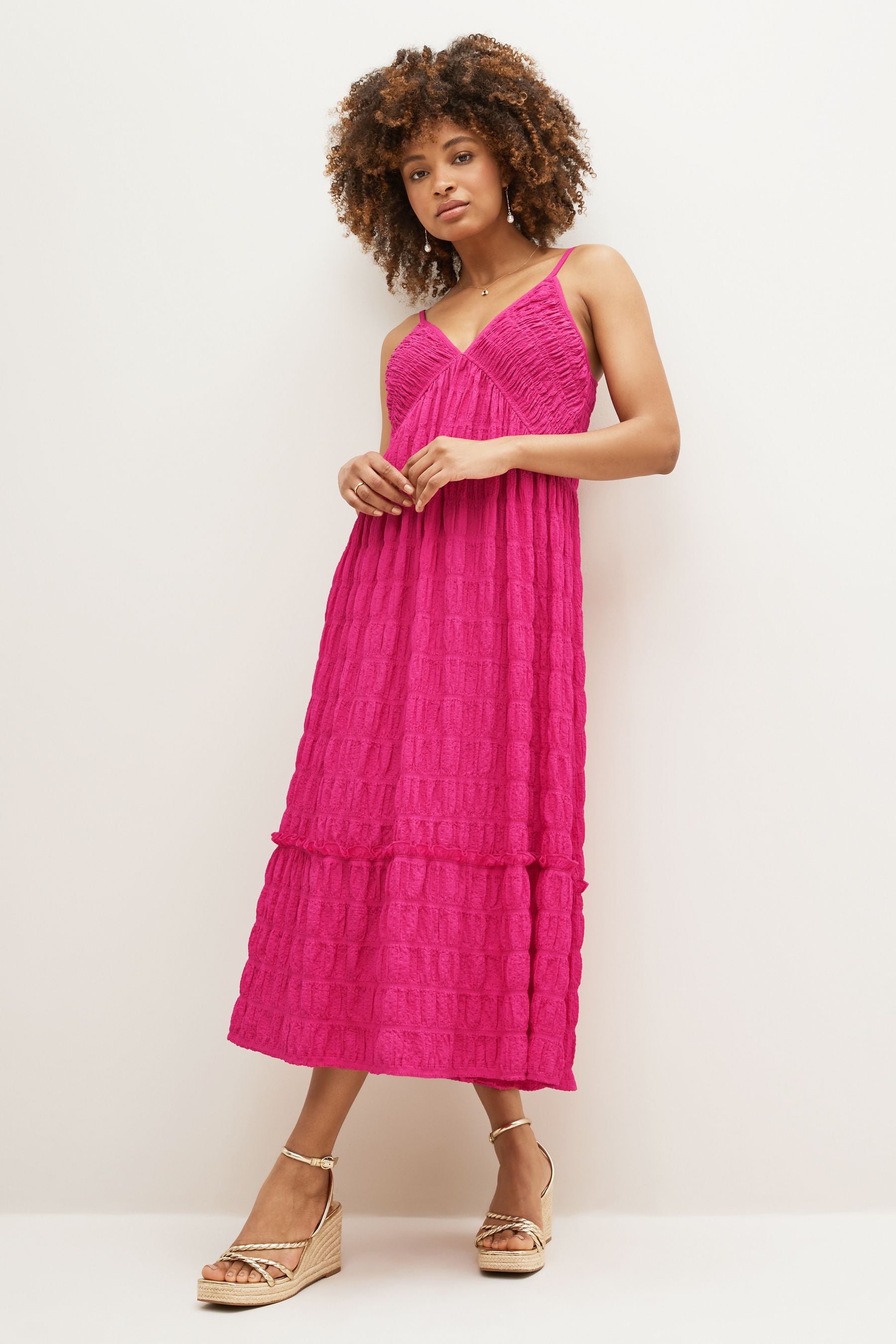 Buy Pink Textured Jersey Shirred Cami Midi Dress from Next Luxembourg