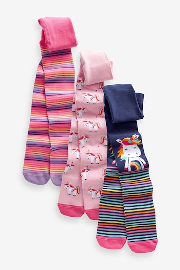 Pink and Navy Cotton Rich Unicorn Tights 3 Pack
