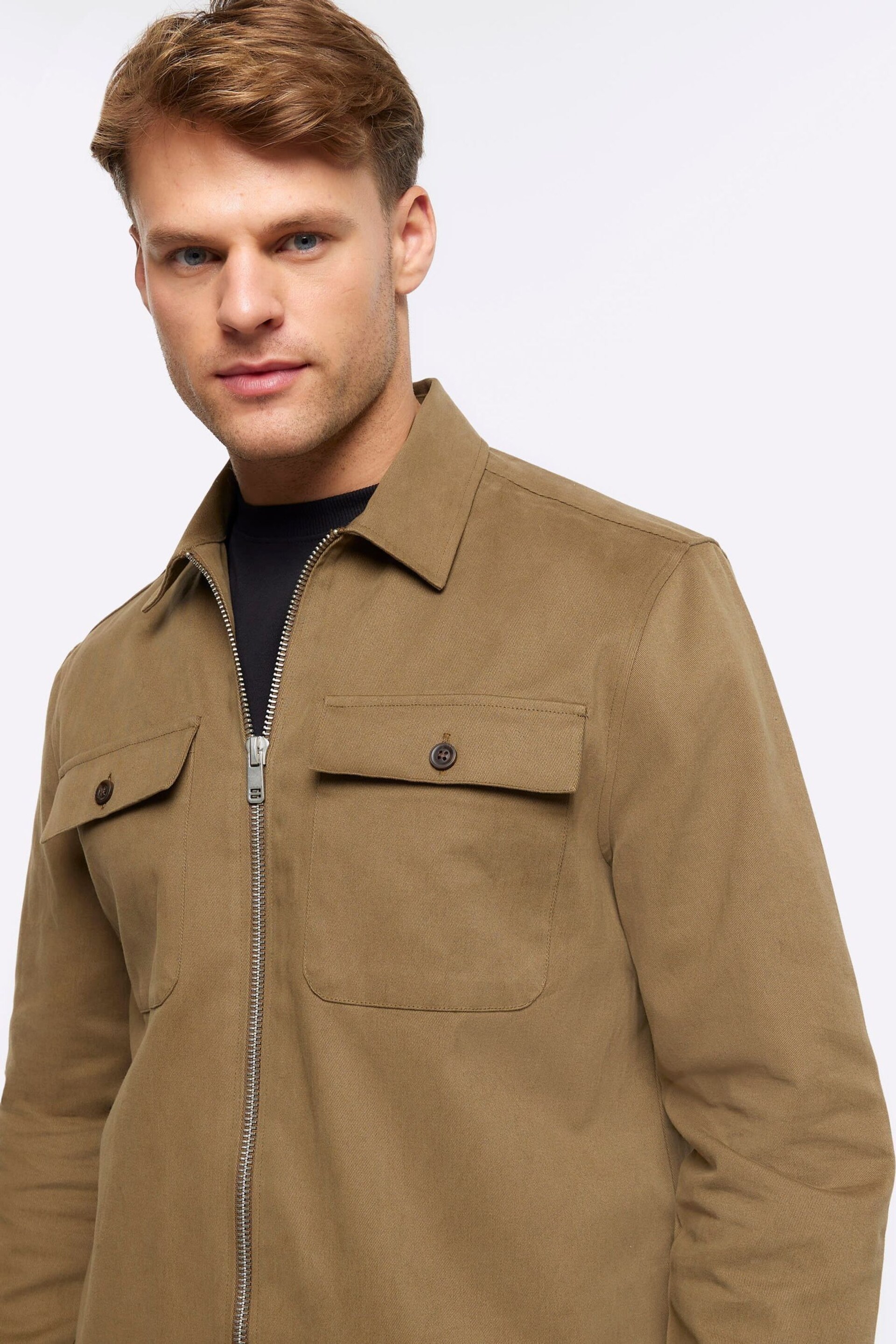 River Island Brown Zipper Front Overshirt - Image 3 of 6