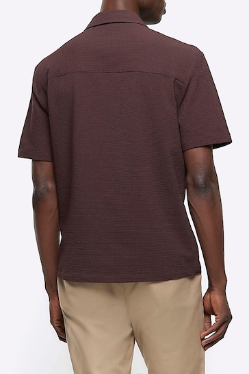 River Island Brown Short Sleeve Seersucker Revere Shirt