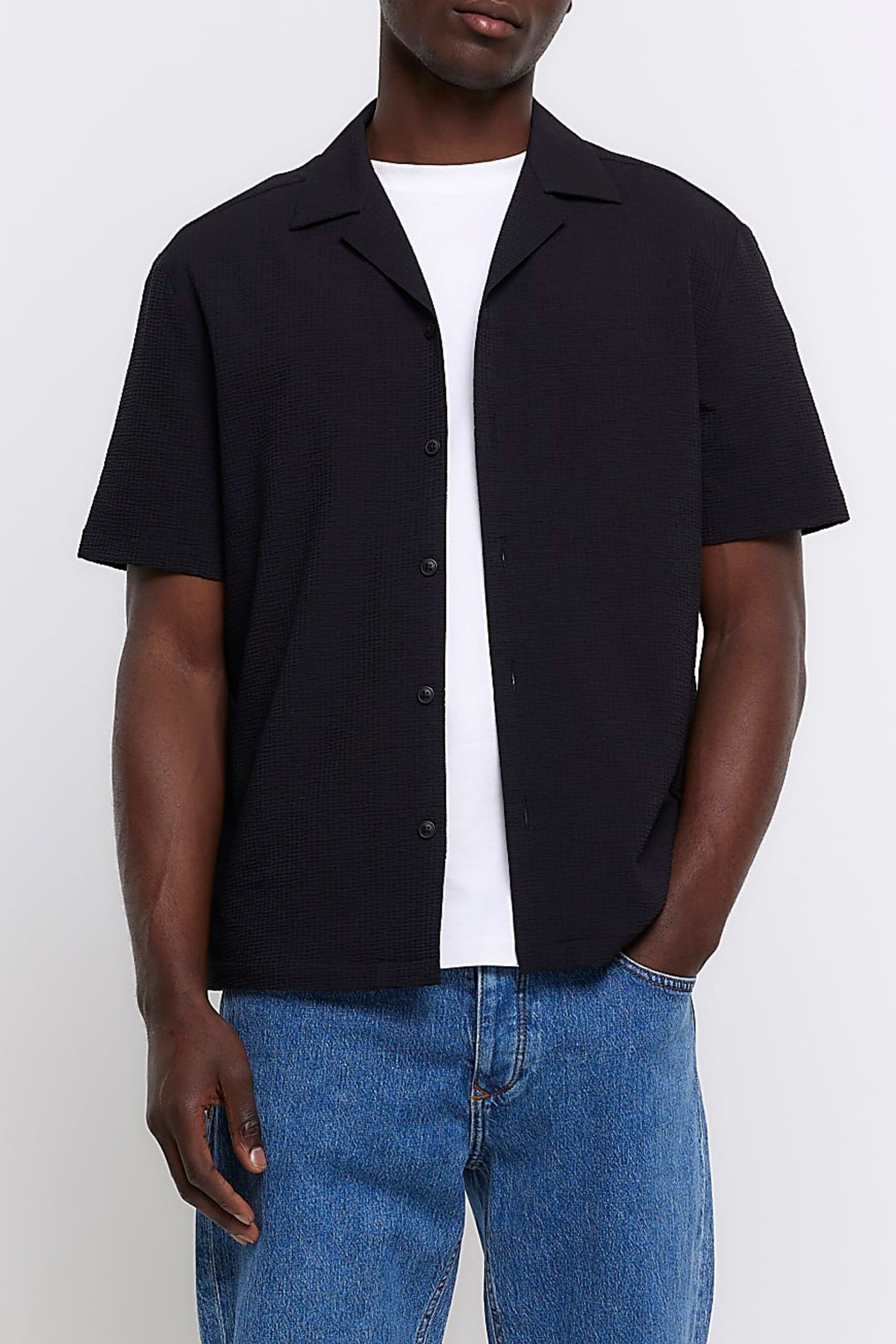 River Island Black Seersucker Revere Shirt - Image 1 of 6