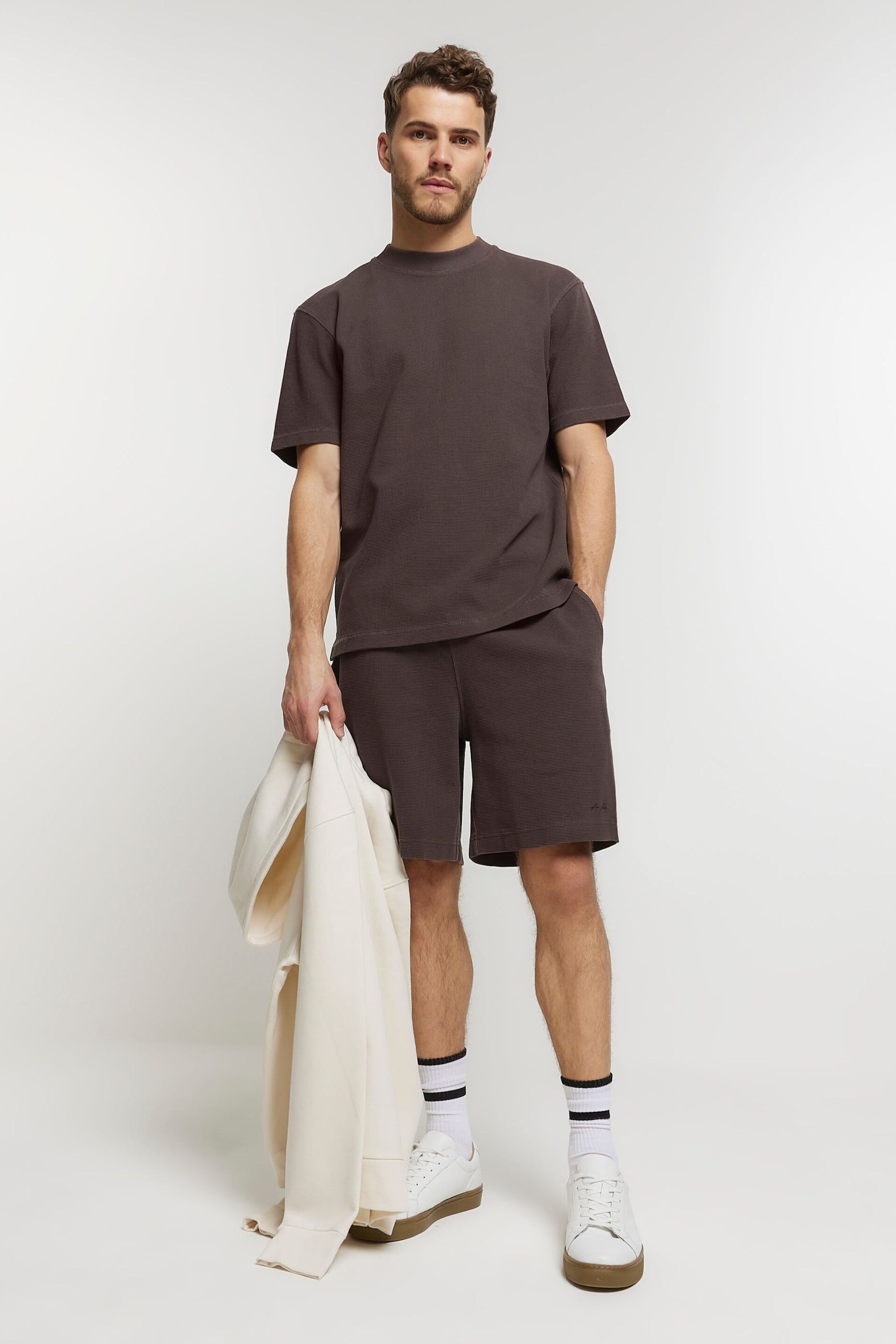 River Island Brown Regular Fit Washed Waffle T-Shirt - Image 1 of 4