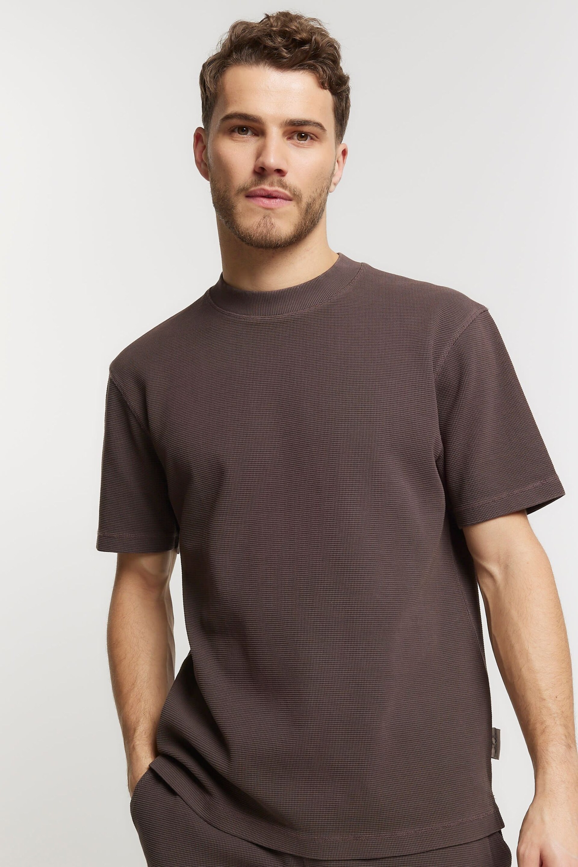 River Island Brown Regular Fit Washed Waffle T-Shirt - Image 3 of 4