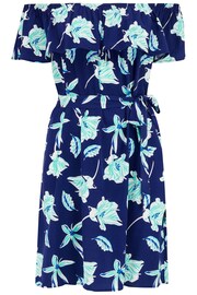 Pour Moi Blue Floral Print Woven Frill Belted Bardot Dress - Image 4 of 5