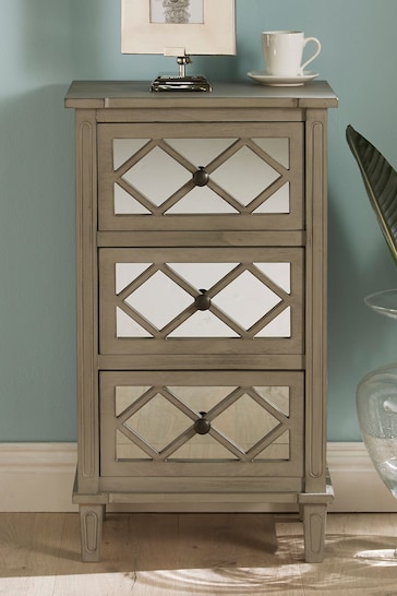 Pacific Dove Grey Mirrored Pine Wood Three Drawers Bedside Table