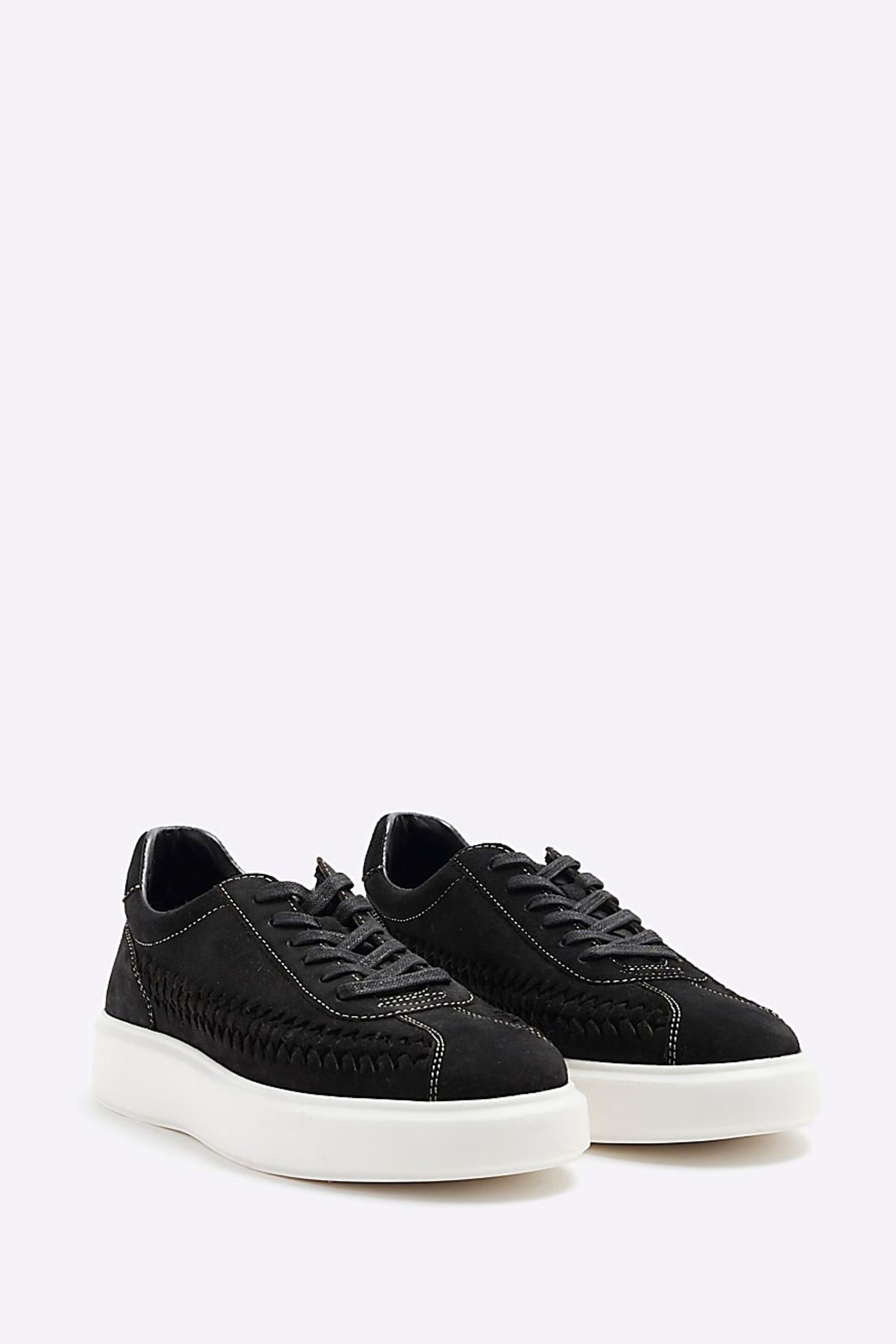 River Island Black Leather Leather Weave Detail Cupsole Trainers - Image 2 of 6