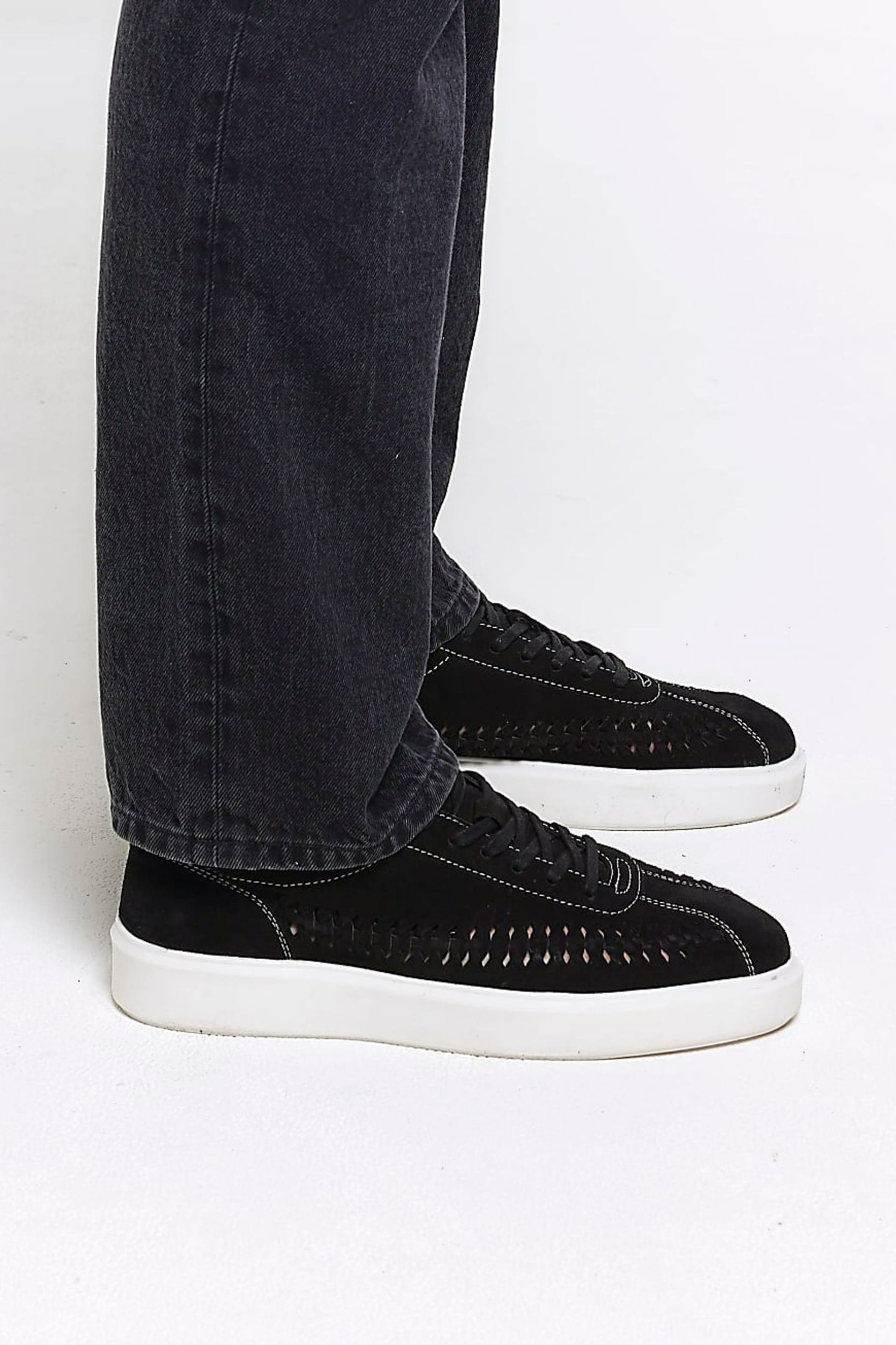 River Island Black Leather Leather Weave Detail Cupsole Trainers - Image 6 of 6