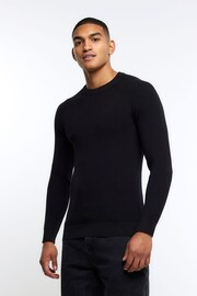River Island Black Muscle Fit Rib Crew Jumper - Image 1 of 6