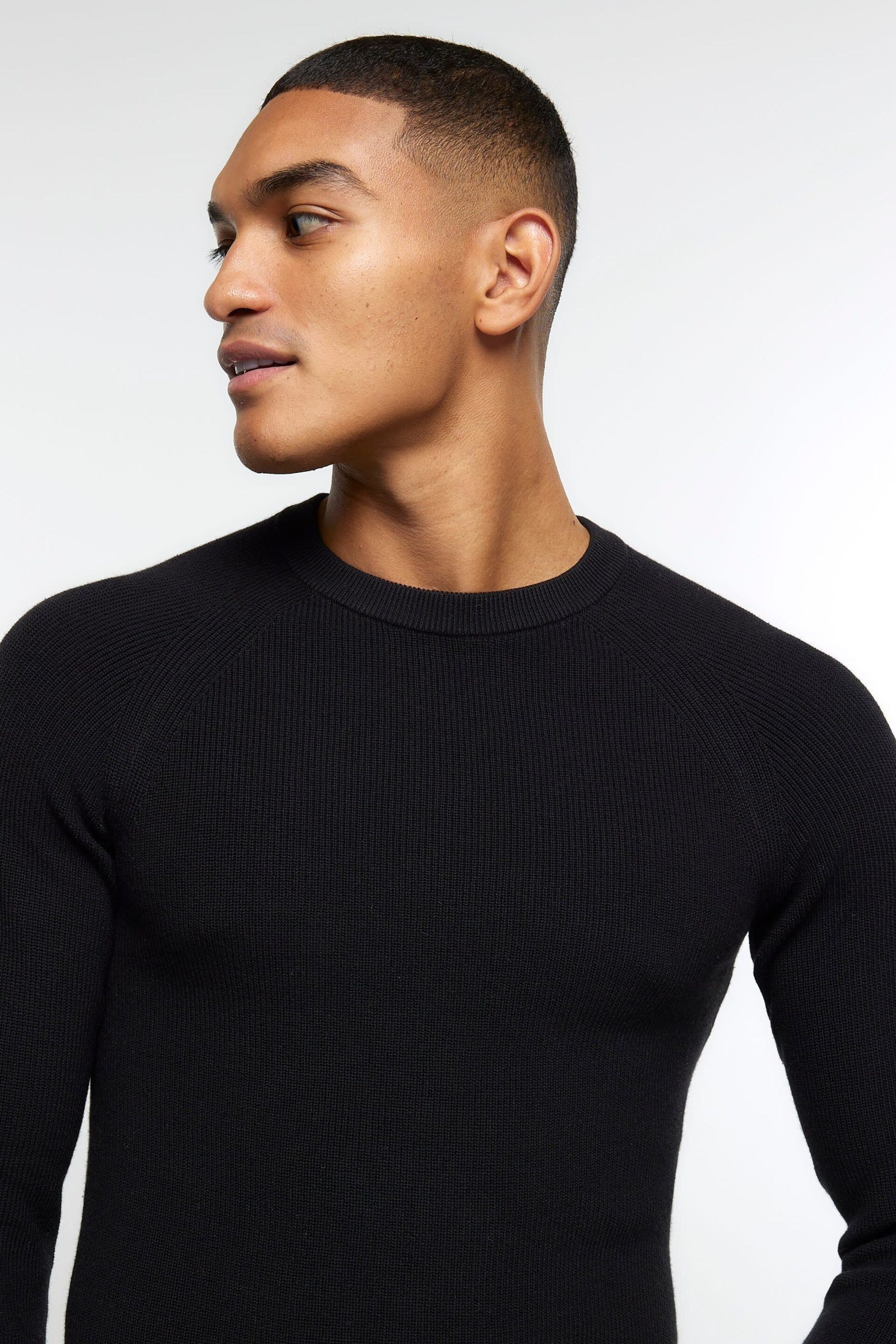 River Island Black Muscle Fit Rib Crew Jumper - Image 4 of 6