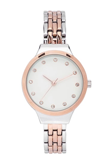 Silver Tone Mixed Metal Sparkle Dial Watch
