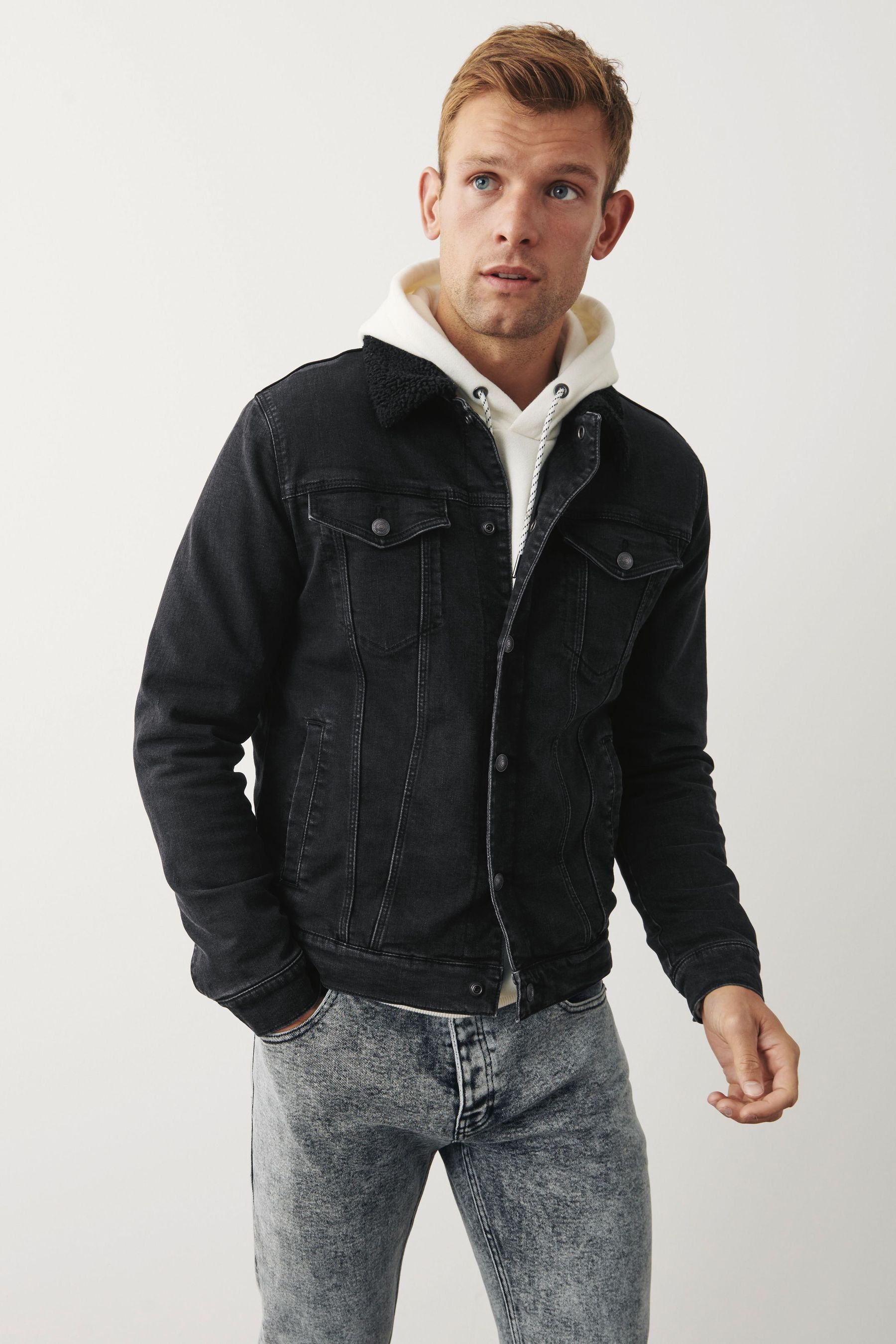 Mens black borg lined denim jacket deals